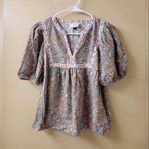 Linen Cotton Blend Floral Paisley Top Size XS